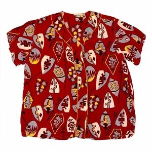 Women’s—Miss Swank Vintage 1940s Red Printed Button Down Blouse. Size 36 (Small)